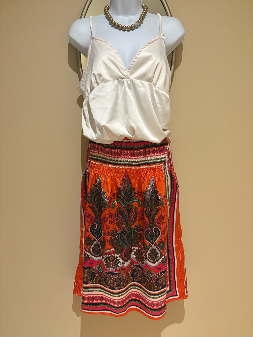 NWOT Streetwear Society Cream Cami & Silky Boho Orange Paisley Midi Skirt Large